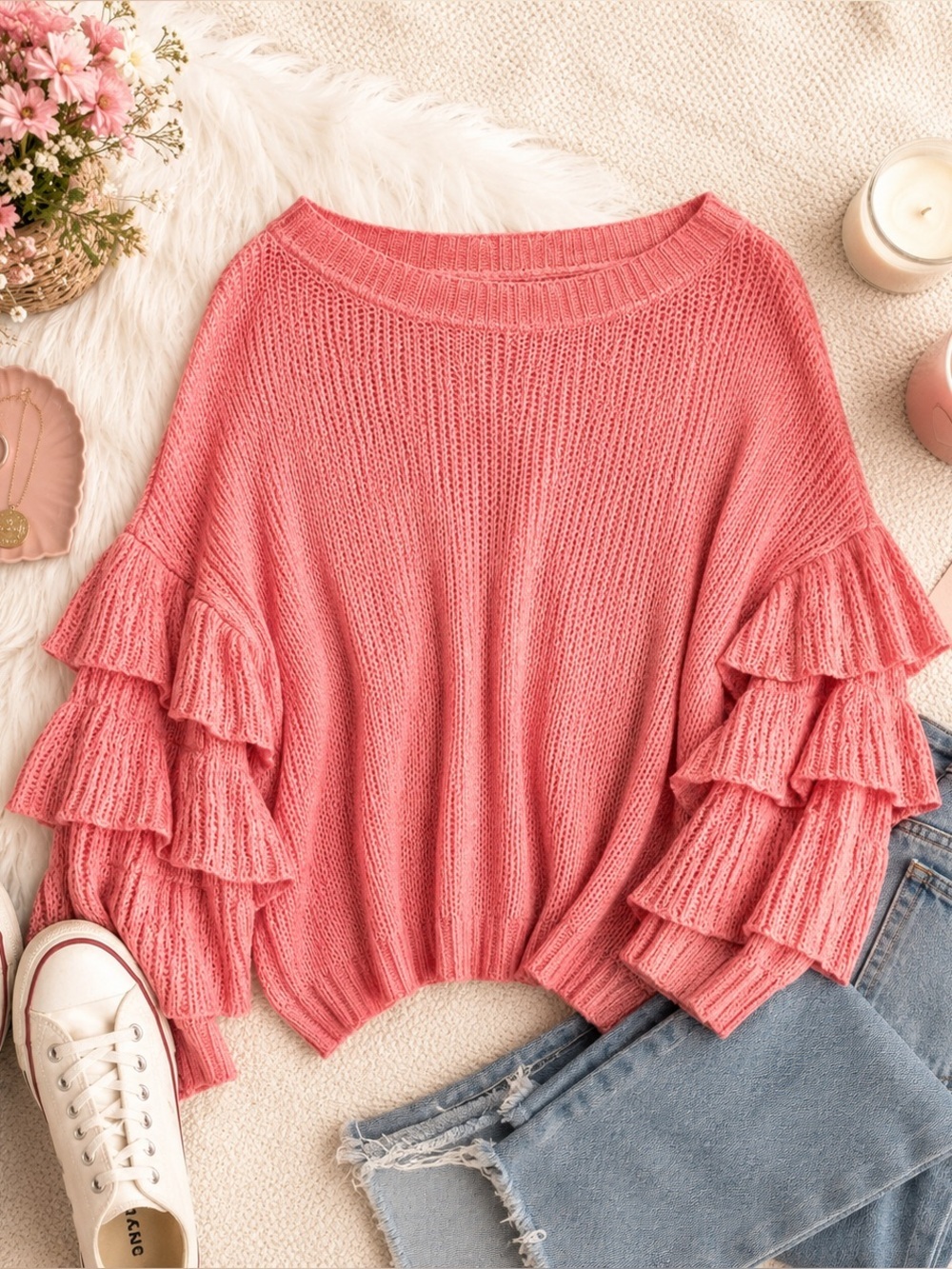 Alya Women's Pink Knitted Ruffle Sleeve Sweater Size Small - Picture 2 of 14